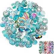 HKYLRAT 60 Pieces Assorted European Large Hole Beads,No Copper Core Lampwork Colorful Beads Rhinestone Craft Beads for DIY Charm Bracelet Jewelry Making (Blue)