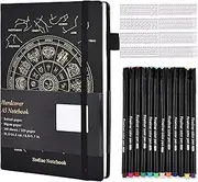 A5 Bullet Dotted Journal, Zodiac Constellations Hardcover Notebooks with 12 Colors Pen, 8 Sheets Hollow Stencil, 320 Pages Dotted Grid Paper with Strap Band, Pen Holder (Black)