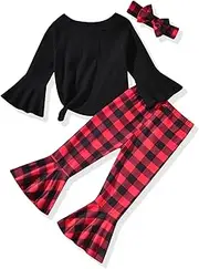 [HIHA] Toddler Little Girls Long Flare Sleeve Tops Bell Bottom Pants Outfit with Headband