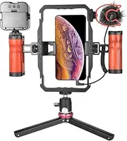 Smartphone Video Rig Kit with Handle, Aluminum Alloy Detachable Dual Wooden Handles Phone Video Stabilizer Grip Tripod Mount for Vlog Video Live Streaming