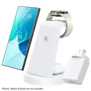 3 in 1 Wireless Charging Station for Android Samsung S24 Ultra S23 S22 S21 S20 Note 20 10 Z Fold Galaxy Watch Buds White Power Adapter