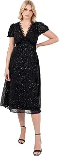 [Lovedrobe] Women's Midi Ladies V-Neck Short Puff Sleeve Glitter Chiffon Lace Trim Side Split Shirred Back Party Evening Dress