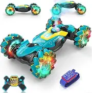 DEERC Gesture Sensing RC Stunt Car with Fog Mist & Music, 4WD Hand Controlled Remote Control Drift Car Toy for Boy, All Terrain Off-Road Double-Sided Driving with Lights
