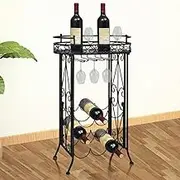 Wine Rack with Glass Holder for 9 Bottles Metal,Wrought Iron Floor Wine Rack with Hanging Bar and Table Home Bar Furniture