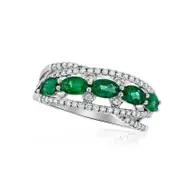 Sideways Oval Emerald and 0.25 CT. T.W. Natural Diamond Five Stone Ring in Solid 14K White Gold