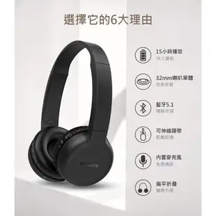 【Philips 飛利浦】無線頭戴式藍牙耳機耳罩式耳機無線耳機 (TAH1205BK/00)