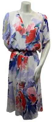 DKNY Dress Womens Plus Size 16W White Floral Chiffon Vneck New Cap Sleevee