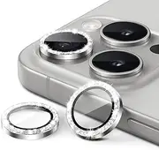 JETech Camera Lens Protector for iPhone 15 Pro 6.1-Inch and iPhone 15 Pro Max 6.7-Inch, Bling Glitter Individual 9H Tempered Glass Metal Ring Cover, HD Clear, 1 Set (White Titanium)