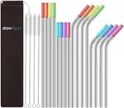 [StrawExpert] Set of 16 Reusable Stainless Steel Straws with Travel Case Cleaning Brush Silicone Tips Eco Friendly Extra Long Metal Straws Drinking for 20 24 30 oz Fit Yeti Tervis Rtic Tumbler