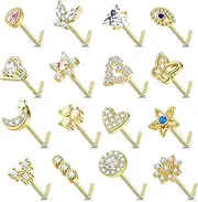 [Kakonia] 16 Pcs 20G Nose Studs Surgical Steel L Shaped Nose Rings Studs for Women Opal CZ Heart Butterfly Nose Piercing Jewelry Silver Rose Gold