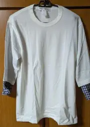M Size COMME des GARÇONS Shirt, White, 3/4 Sleeve Cut And Sew, Checkered Pattern