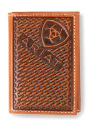 Ariat Western Mens Wallet Trifold Leather Basket Weave Logo Brown A3557002