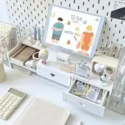 Hbluefat 2-Tier Monitor Stand Riser, Computer Storage Stand with Drawer & Pen Slot, Desktop Laptop Shelf for Home Office (White)