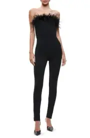 Alice + Olivia Idell Women's Strapless Feather Trim Jumpsuit Black Size 10