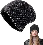 [huablo] Trendy Knitted Beanie for Women, Skull Cap with Decorative Beads, Watch Cap Soft Knit, Reflective Beanie Hat Black, Black, One Size
