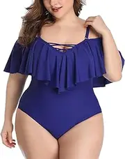 [GDYJP] Plus Size One Piece Swimsuits for Women Off Shoulder Flounce Bathing Suits Ruffle Tummy Control Swim Suits (Color : Blue, Size : 3X-Large)