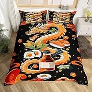 Feelyou Kids Dragon Duvet Cover Twin Size Sushi Bedding Set Boys Girls Japanese Style Comforter Cover Set Cute Cartoon Japanese Sushi Dragon Bedspread Cover（No Comforter