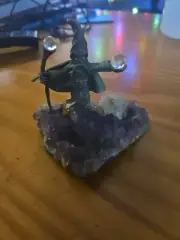 Vintage Pewter Wizard Figure w/ Staff and Orb on Amethyst Crystal Geode
