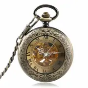 Mens Vintage Mechanical Pocket Watch Chain Retro Glass Case Luxury Fob Watches