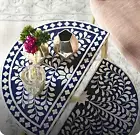 Bone Inlay Blue Half Moon Nesting Side Tables with Mosaic Top Diamond Pattern .