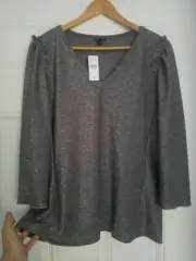 Women's Ann Taylor Grey Melange Simmering Ruffle Lightweight Stretch Knit Top L