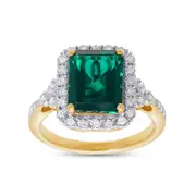 Created Emerald Halo Ring with 0.15ct of Diamonds in 9kt Yellow Gold