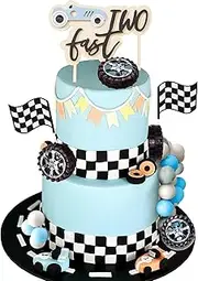 Two Fast Cake Topper Race Car Birthday Decorations Party Supplies Favors for Racing Car Checkered Flag Birthday Party Decorations Supplies Blue