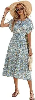 [KEQIKAI] Women's Bohemian Wrap Summer Dress, Blue, Small, Midi