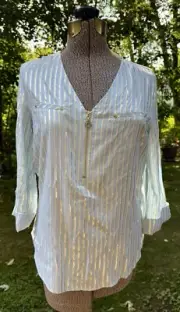 Anne Klein Women's Zip Blouse Striped Gold Metallic Size M NEW WITH TAGS
