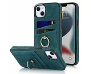 Full Protection Cover for iPhone 13 Mini, 2 Cards PU Leather Case with Ring Holder - Blue