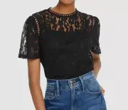 $144 Aqua Womens Black Floral Sheer Lace Overlay Short-Sleeve Blouse Top Size S