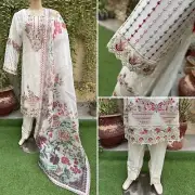 Pakistani Egg Shell White 3Pcs Chiffon Dress with embroidery & Squins work,XL