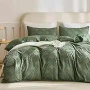 JELLYMONI Green Duvet Cover King Size - Microfiber Tufted Duvet Cover Set, Boho Textured Duvet Cover Jacquard Rhombus Geometric Pattern Duvet Cover with Corner Ties & Zipper Closure