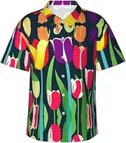 [FSCEV] Colorful Tulips Mens Hawaiian Short Sleeve Shirt Cardigan Funky Summer Beach Casual Holiday Party