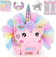 MHJY Piggy Bank for Kids Unicorn Money Box Girls Unbreakable Resin Child Saving Bank Cute Large Coin Banks with Necklace Bracelet DIY Stickers Birthday Set