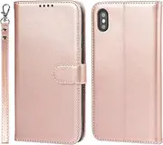 Case for iPhone X XS Leather Wallet Case with Card Holder Slot SunYoo Drop Protection Shockproof Cover Kickstand Magnetic Handbag with Wrist Strap Women Men Flip Folio for iPhoneXS iPhoneX Pink