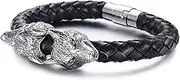 [BOSUGE] Charming Bracelet，Bracelet Men Stainless Steel Double Wolf Head Leather Nordic Vintage Braided Cuff Medieval Gothic (Size : 21.5cm) (Color : Stainless Steel)