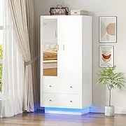 Advwin 2 Doors Armoire Wardrobe Closet with Mirror & LED Lights, 2 Drawers, Hanging Rod, Large Capacity Storage Cabinet Wardrobe Armoire for Bedroom, White