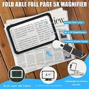 Full-Page 5X Magnifying Glass for Reading, Folding Lighted Magnifier with 48 LED Lights, Handheld Rectangular Lens for Seniors