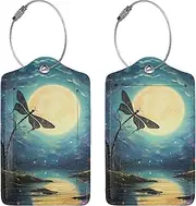 [BTCOWZRV] Luggage Tag Pu Leather Luggage Tags for Suitcases with Privacy Cover & Stainless Steel Loop Dragonfly Moon Baggage Tags Personalized Suitcase Tag Name Id Label for Travel Bag