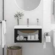 Wall-Mounted Bathroom Washbasin Frame with Built-in Ceramic Basin, Black Iron Construction, Space-Saving Bath Vanity Cabinet, Modern Recessed Mirror Shelf Organizer