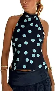 [UAURORAO] Women Backless Halter Top Mock Neck Boho Floral Tank Tops Open Back Aesthetic Y2k Going Out Club Party Top