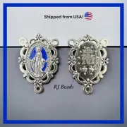 1.25" Silver Blue Enamel Miraculous Medal Rosary Center Centerpiece Connector