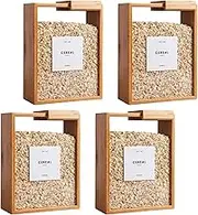 4Pcs Bamboo Kitchen Cereal Containers, 9x7x3 Inch Wood Food Dispenser with Removable Lids, Clear Kicthen Storage Can for Snack, Rice, Flour, Pasta