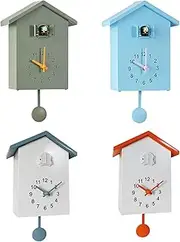 Cuckoo Clock, Wall Mounted Battery Powered Vintage Retro Bird House Clock with Pendulum, Modern Solid Color Silent Bird Voices Call Clock for Home (Orange Top)