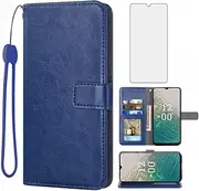 [Asuwish] Compatible with Nokia C32 Wallet Case Tempered Glass Screen Protector and Leather Flip Cover Card Holder Stand Cell Accessories Phone Cases for NokiaC32 C 32 Women Men Blue
