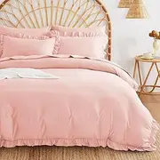 Wake In Cloud - Ruffle Quilt Cover Set, 1000TC Ultra Soft Microfiber Duvet Doona Cover Bed Bedding, 3 Piece, Light Pink, Double Size