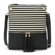 Stripe Crossbody Purse, Canvas + Faux Leather Crossover Shoulder Bag- Black