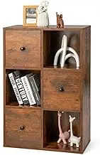 Giantex 3-Tier Bookshelf with 3 Cubes & 3 Drawers, Storage Organizer with Anti-toppling Device, 6-Cube Bookcase for Bedroom, Living Room, Study Room (Rustic Brown)