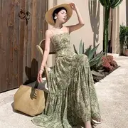 Spaghetti Strap Patterned Open Back Maxi Sundress Green - M